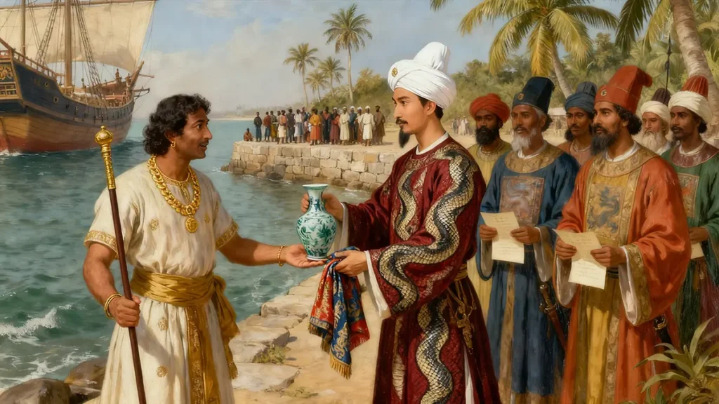 In 1415, Zheng He presents gifts—not weapons—to the Zamorin of Calicut, embodying peaceful tribute diplomacy.
