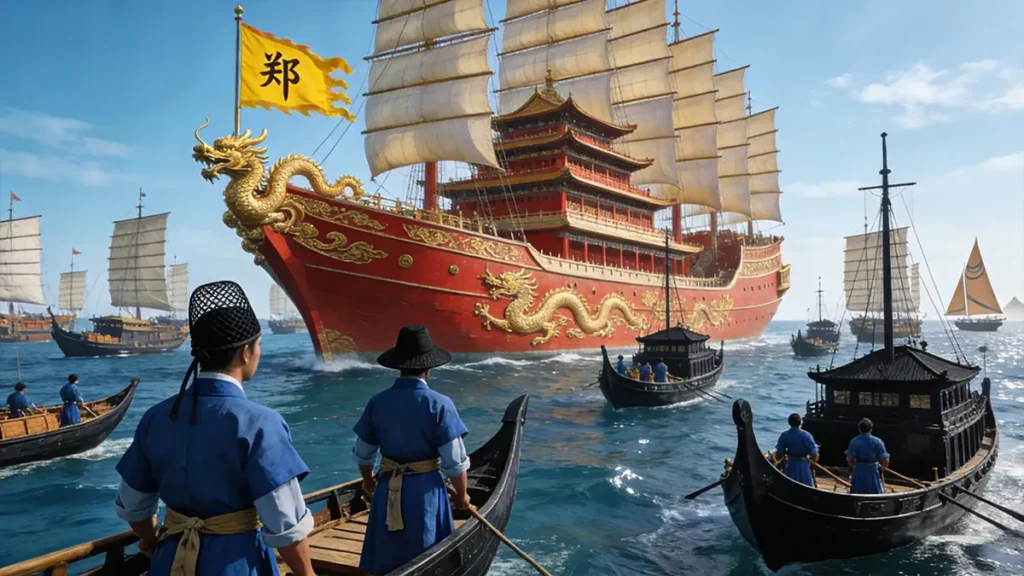 A historically reconstructed view of Zheng He’s fleet during the fourth voyage (1413), with the flagship Treasure Ship flanked by support vessels—a testament to Ming China’s maritime organization.