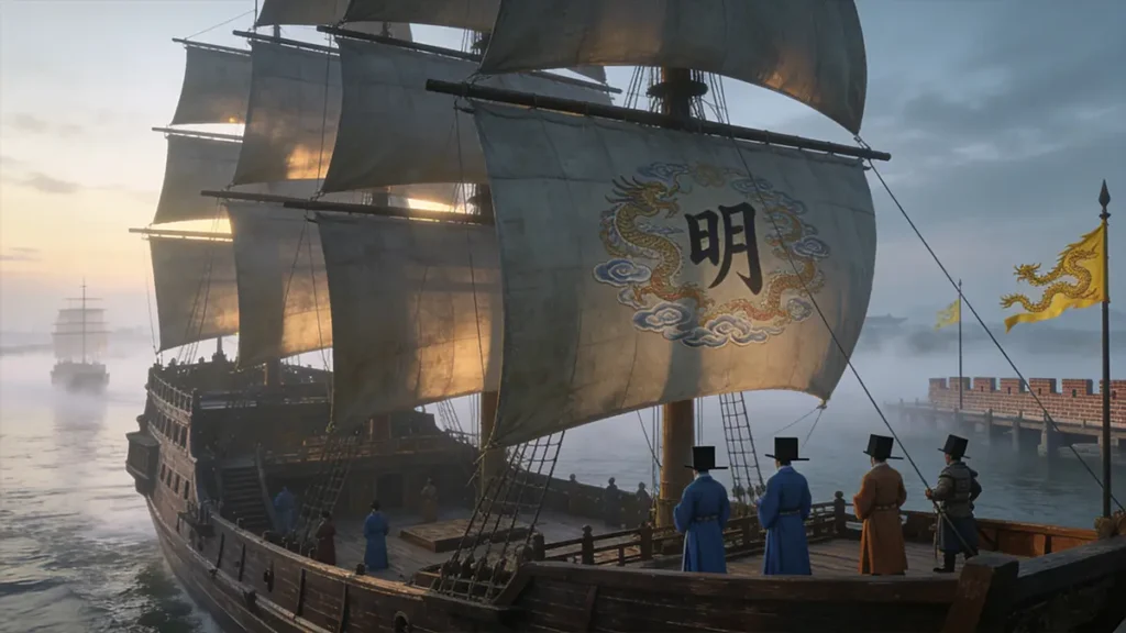 In 1405, Zheng He's treasure fleet departs from Longjiang Port in Nanjing. The massive Ming-era treasure ship looms against the morning mist of the Yangtze River, crewed by sailors in authentic early 15th-century attire.