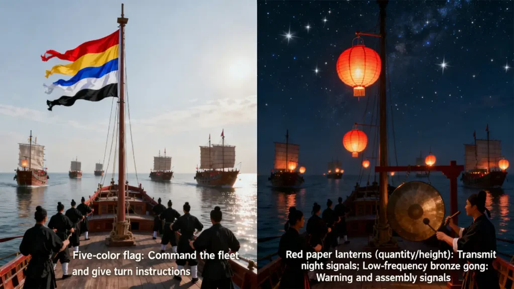 Zheng He’s fleet used colored flags by day and coded lanterns by night for precise coordination without radio.
