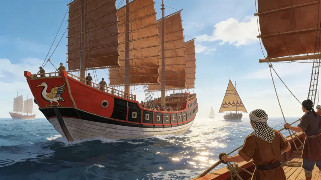 Historical reconstruction of Zheng He's Ming treasure fleet sailing in the Indian Ocean.