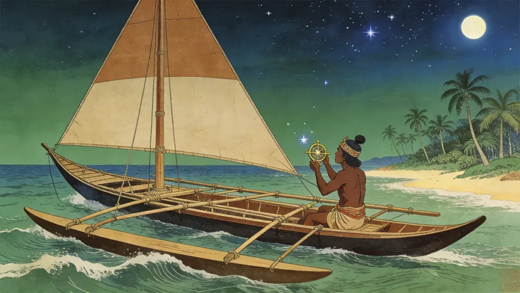 Austronesian seafarers navigating outrigger canoes for long-distance voyages