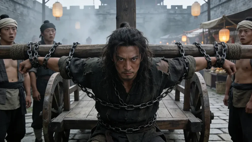 A cinematic close-up of the pirate king Chen Zuyi in a wooden prison cart on a stone street in Nanjing, Ming Dynasty, 1407, awaiting execution.