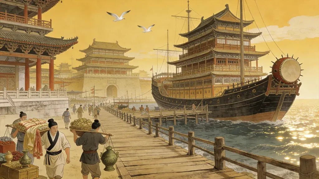 Reconstruction of Han Dynasty port trading scene showing tower ships and cargo loading