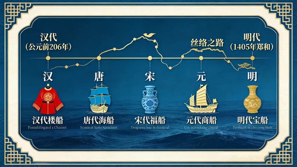 Timeline infographic of Maritime Silk Road spanning 1,600 years from Han Dynasty to Zheng He's voyages in Ming Dynasty