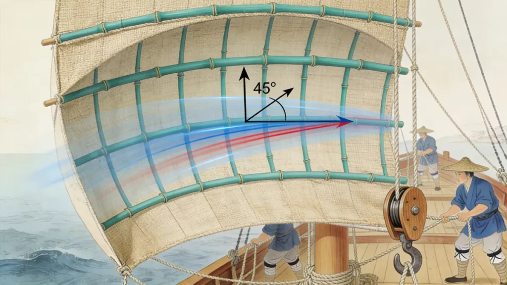 Cross-section of a Ming treasure ship’s battened lug sail, showing bamboo reinforcement and aerodynamic lift in headwinds.