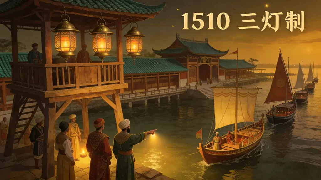 16th-century Malacca port using a “three-lantern system” derived from Ming China to manage nighttime ship traffic.
