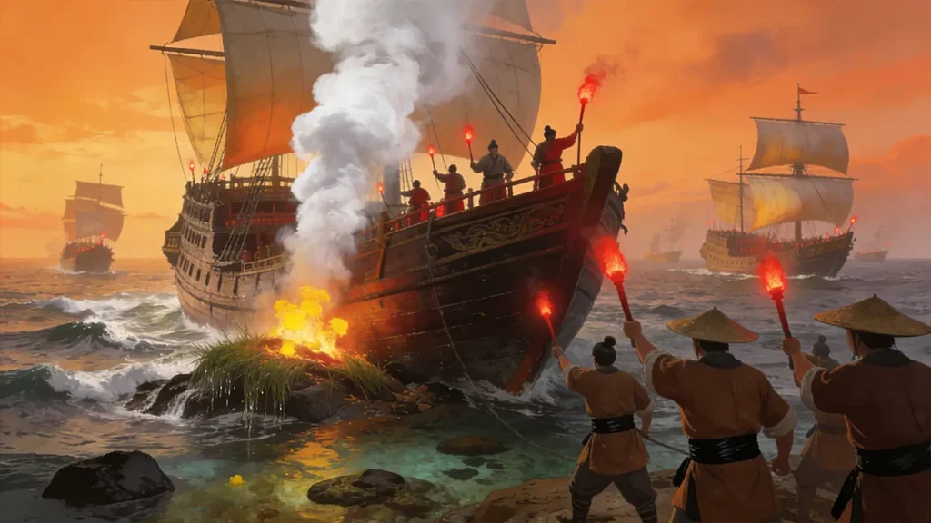 A Ming treasure ship in distress signals for help with white smoke and red torches, summoning nearby vessels.