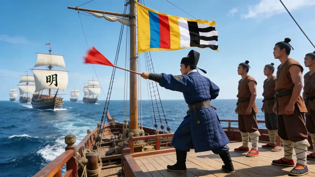 Ming Dynasty naval signalman waving a red command flag during daytime operations on Zheng He’s treasure ship, with subordinate vessels in formation.