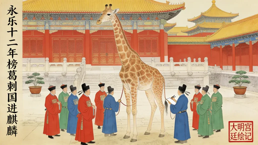 Ming Dynasty painting of giraffe (qilin) brought by Zheng He's fleet from East Africa 1415