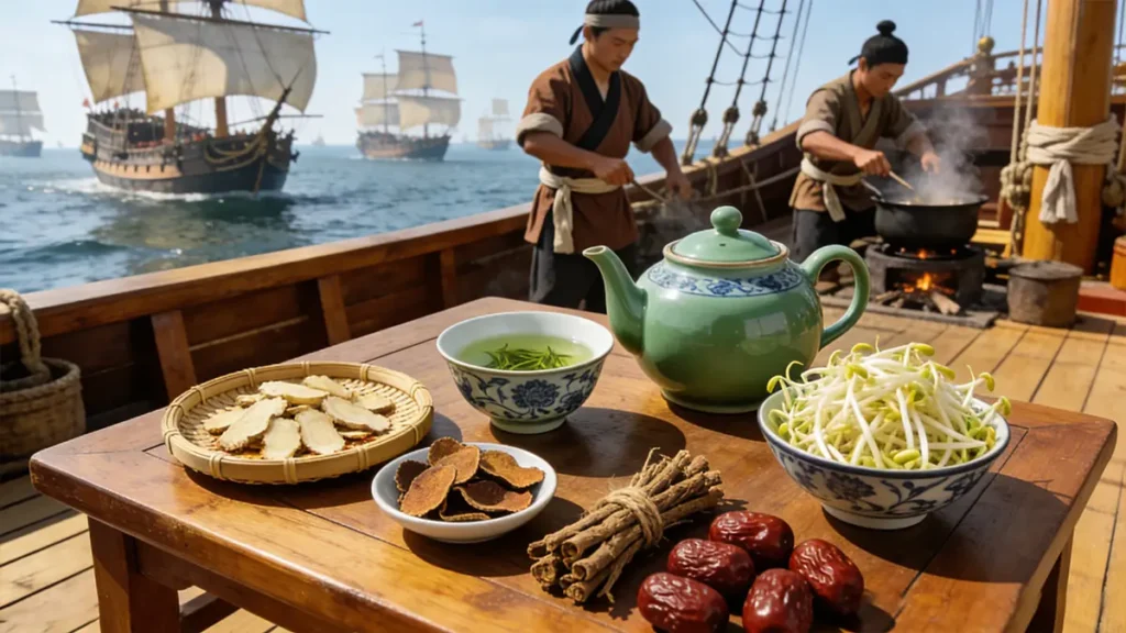 Daily health-preserving foods and herbs on Zheng He’s ship: green tea, ginger, dried tangerine peel, and bean sprouts