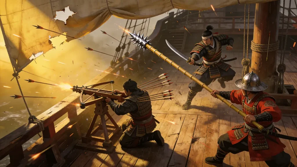 Ming marines using Zhuge repeater crossbows and langxian poles during boarding actions against Wokou pirates.