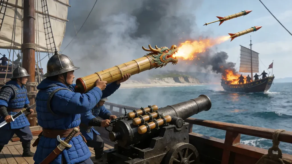 Ming sailors deploying the Huolongchushui (Fire Dragon) rocket and Folangji breech-loading cannon in naval combat.