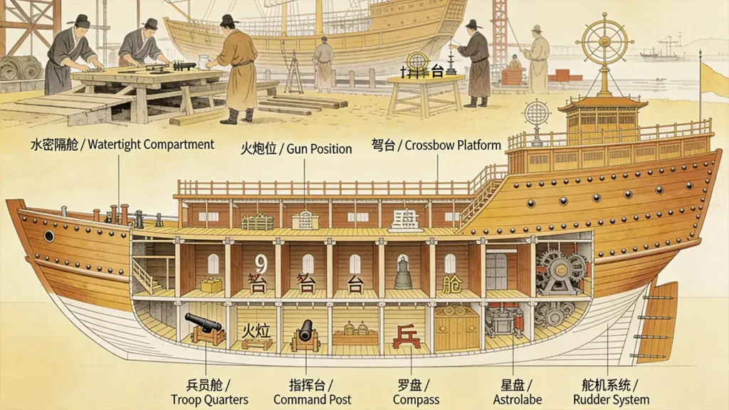 Cutaway illustration of a Ming Treasure Ship showing watertight compartments, weapon platforms, and navigation tools.
