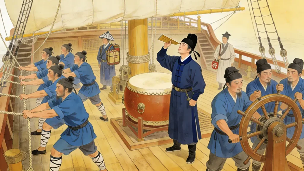Deck scene of Ming treasure ship showing division of labor among navigator, sailors, helmsmen, and interpreters.