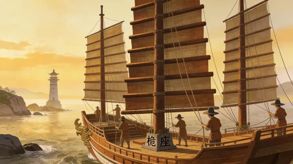 Diagram of Ming treasure ship mast arrangement, showing staggered, shroud-free rigging.