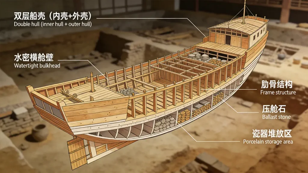 Cutaway diagram of Ming treasure ship showing watertight compartments and double hull.