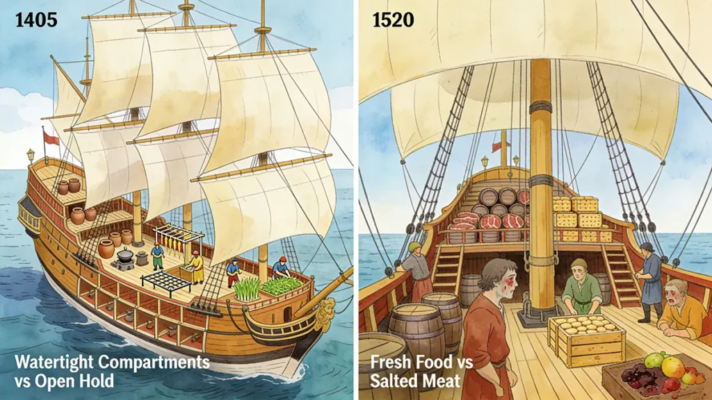 Comparison between Ming Dynasty treasure ships and 16th-century European vessels in food storage, hull design, and crew health