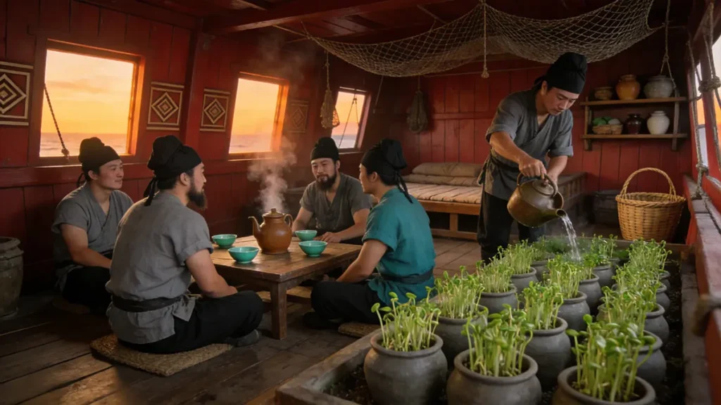 Daily life of Ming Dynasty sailors aboard treasure ships, showing tea drinking habits and sprout cultivation inside ship cabins