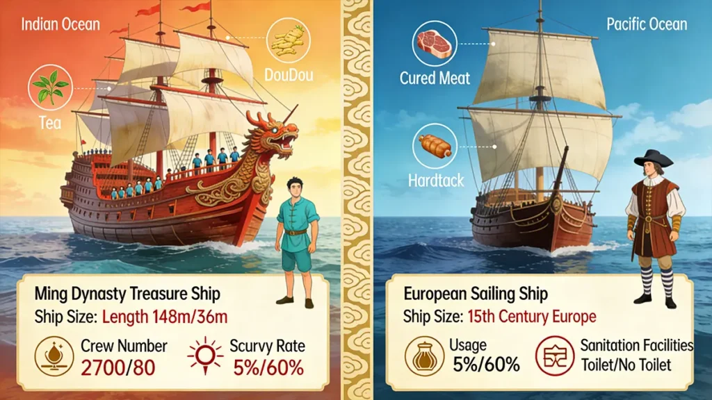 Infographic comparing Ming treasure fleet with European Age of Discovery vessels, showing differences in ship size, sanitation systems, and disease prevention