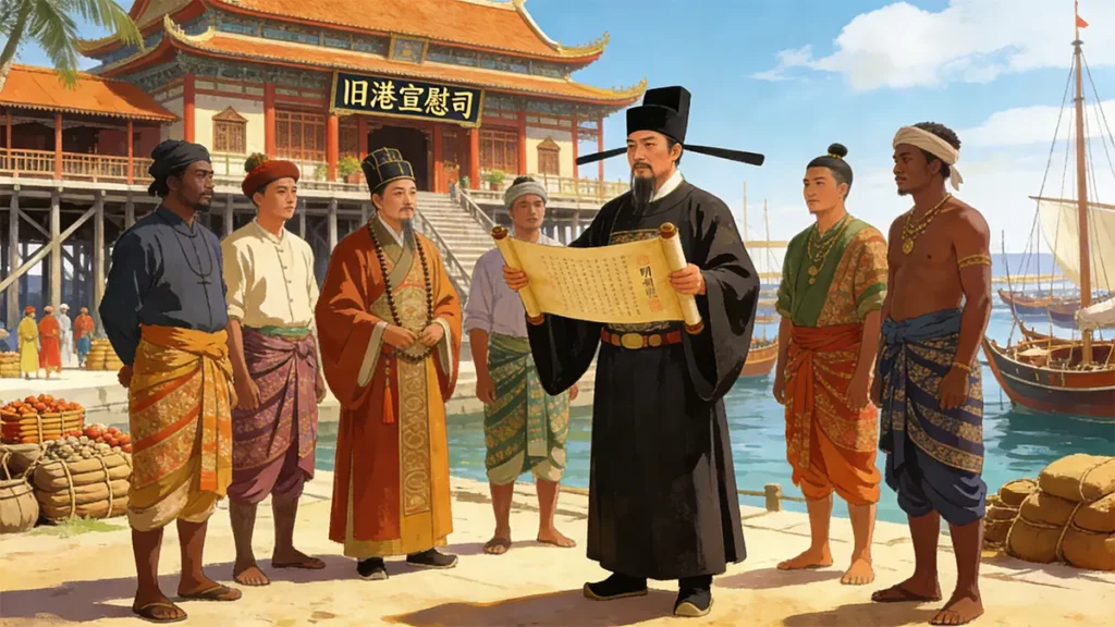 The establishment of the Old Port Pacification Commission in Palembang, showing Ming officials and local leaders collaborating to restore trade order.