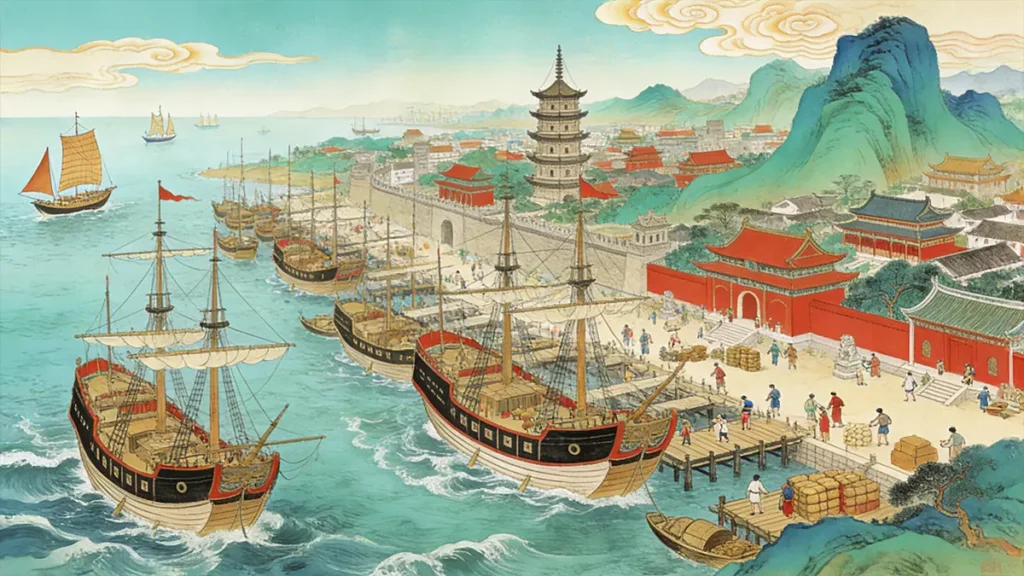 Panorama of Song Dynasty Quanzhou port showing bustling trade activity