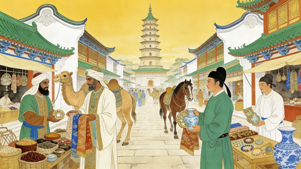Tang Dynasty Guangzhou foreign quarter street scene showing Arab and Chinese merchants trading