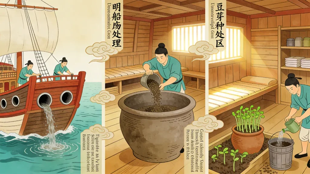 Three waste disposal methods on Ming treasure ships: direct side discharge, cabin collection, and recycling system