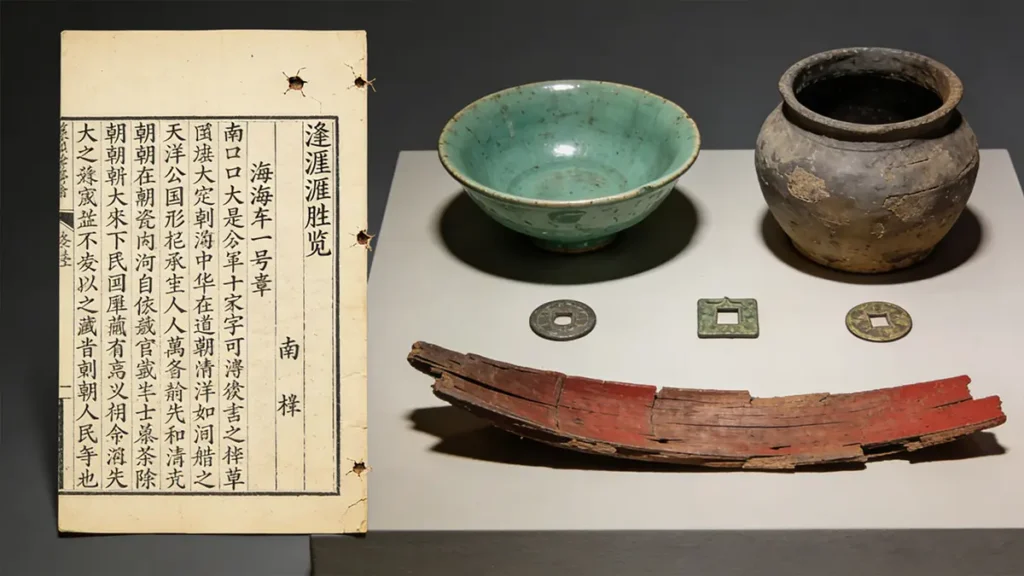 Yingya Shenglan manuscript pages and artifacts excavated from Nanhai One shipwreck, including celadon tea bowls, pottery jars, and copper coins
