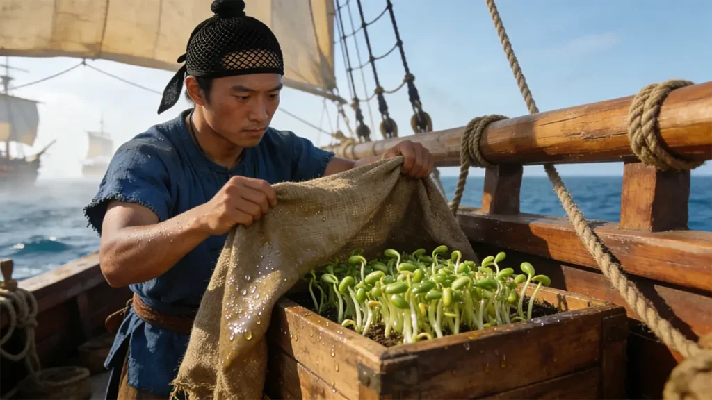 A Ming dynasty sailor checks mung bean sprouts grown onboard Zheng He's treasure ship to prevent scurvy