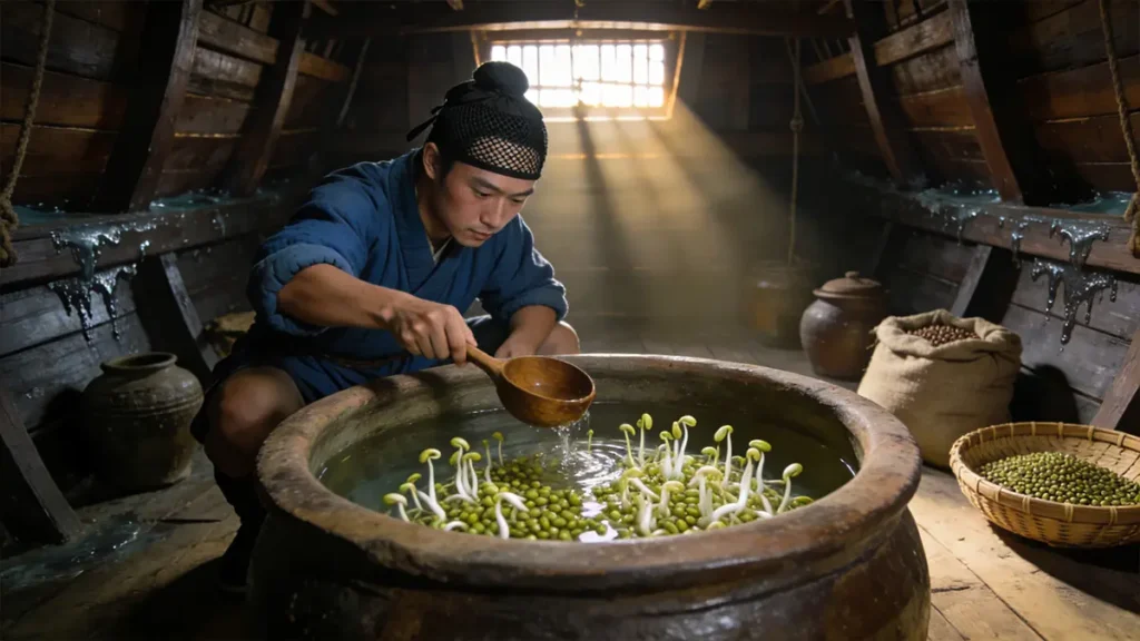 Ming Dynasty sailor tending mung bean sprouts in an earthenware jar aboard Zheng He's treasure ship to prevent scurvy