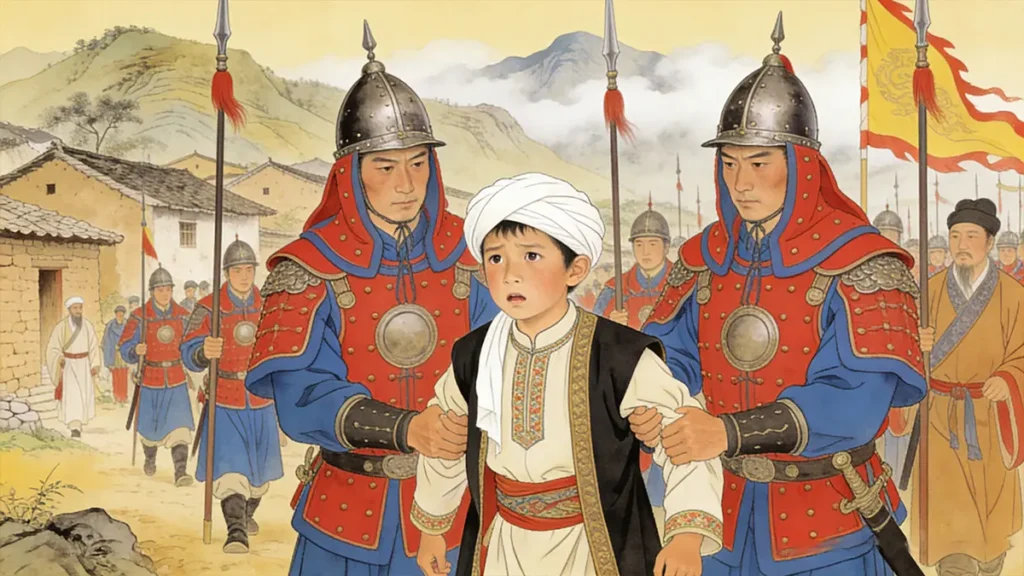 Young Ma He (Zheng He) being taken by Ming Dynasty soldiers in Yunnan Province 1381
