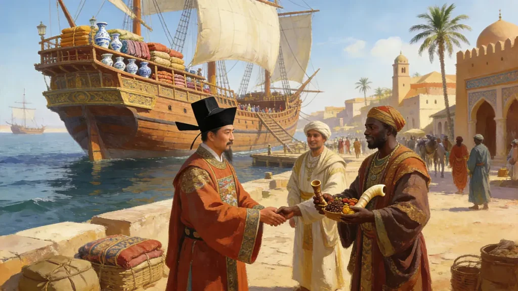 Zheng He's fleet trading with East African merchants at Mogadishu port 1417-1419