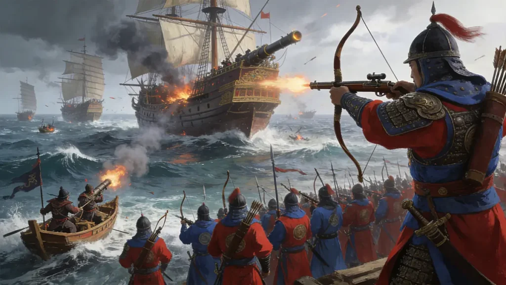 Battle of Malacca Strait 1405, Zheng He's fleet defeating pirate leader Chen Zuyi