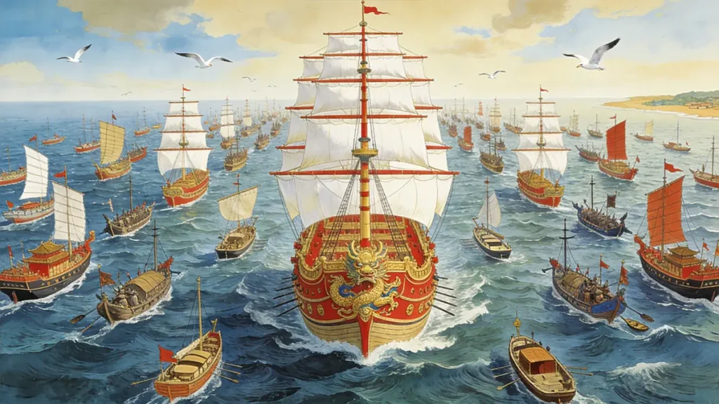 Zheng He treasure fleet formation with over 200 ships sailing across the Indian Ocean 1405-1433