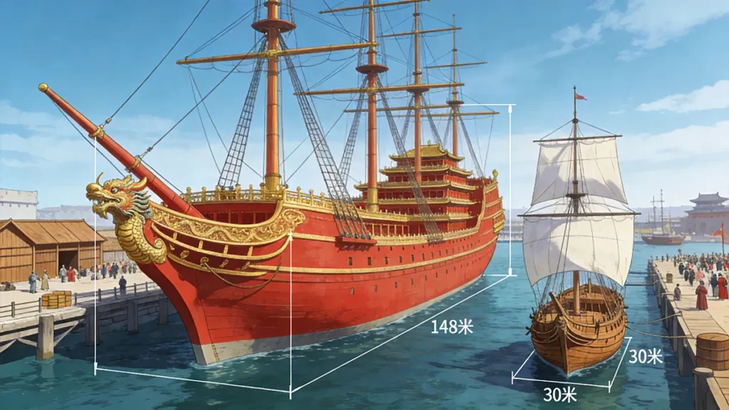 Size comparison between Zheng He's treasure ship (148 meters) and Columbus's Santa Maria (30 meters)