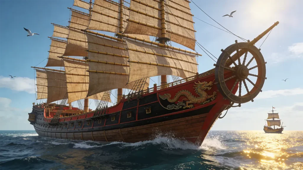 A size comparison between a Ming Dynasty Zheng He treasure ship and Columbus's Santa Maria, illustrating the overwhelming scale of 15th-century Chinese maritime engineering.