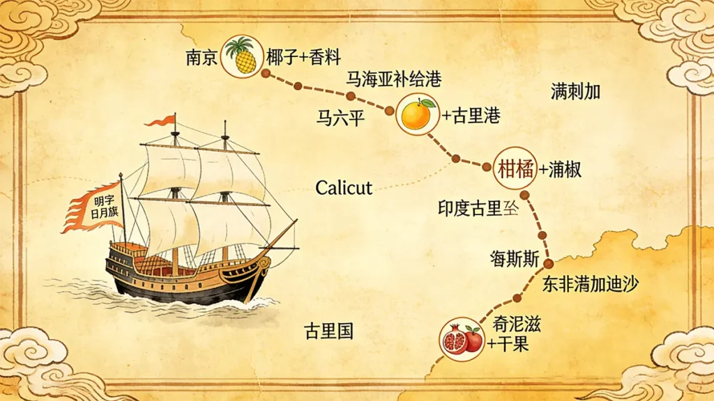 Map of Zheng He’s seven voyages, showing key resupply ports and local fresh fruits obtained
