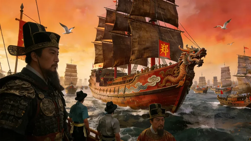 Zheng He's treasure fleet sailing across the Indian Ocean, over 200 ships with 27,000 crew members, Ming Dynasty Yongle period
