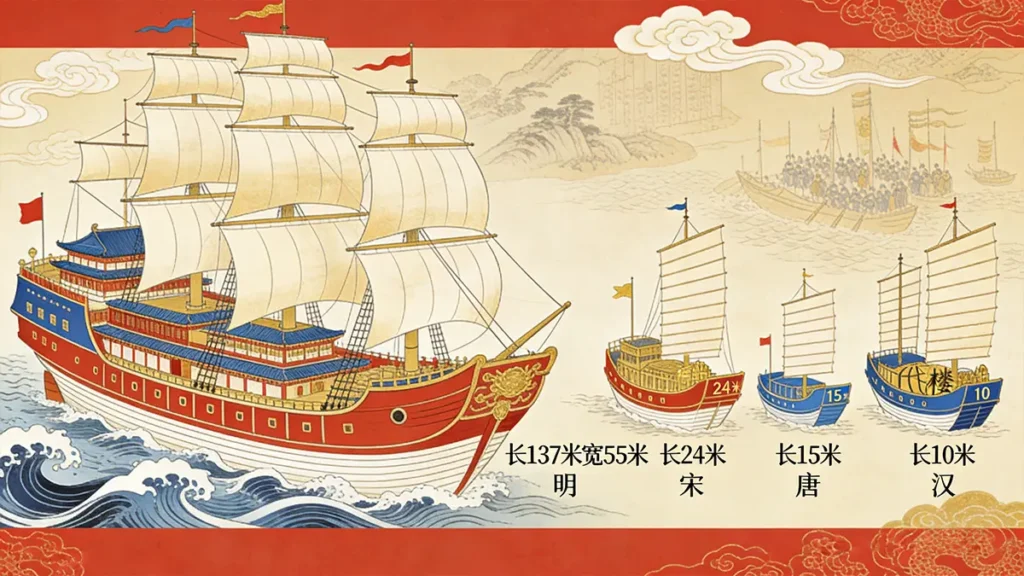 Size comparison chart of Zheng He's treasure ship versus predecessor vessels