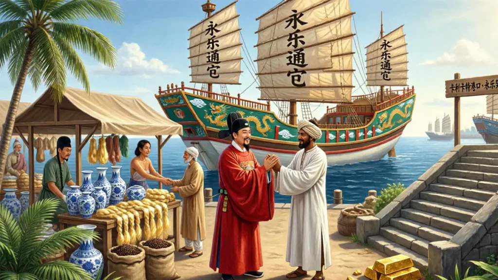 A panoramic Ming-style painting of the bustling 1420 Calicut market, showing Chinese envoy Ma Huan in official red robes clapping hands with an Indian merchant, with massive Ming Treasure Ships docked in the background.