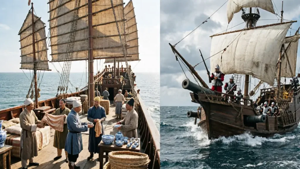 A visual comparison between a peaceful Ming treasure ship focused on trade and an armed 16th-century Portuguese caravel designed for naval combat.