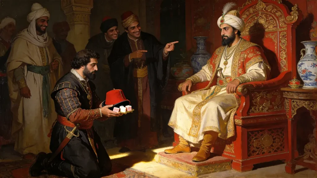 A dramatic painting depicting Vasco da Gama awkwardly presenting cheap gifts like red caps to the Zamorin of Calicut, who sits indifferently on his throne surrounded by mocking advisors.