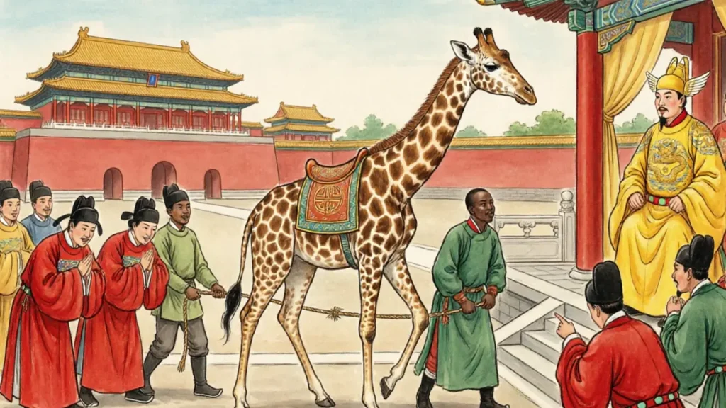 An artistic depiction of the giraffe (Qilin) arriving at the Ming court in Nanjing, astonishing the Emperor and his officials.