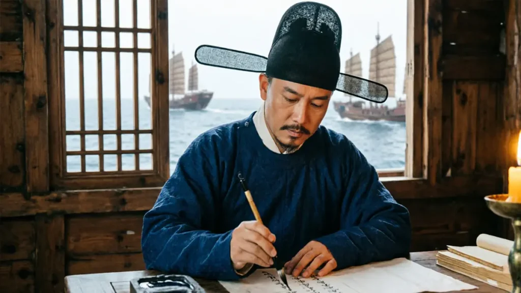 Ma Huan, the Muslim interpreter for Zheng He's fleet, recording observations in his logbook aboard a treasure ship.
