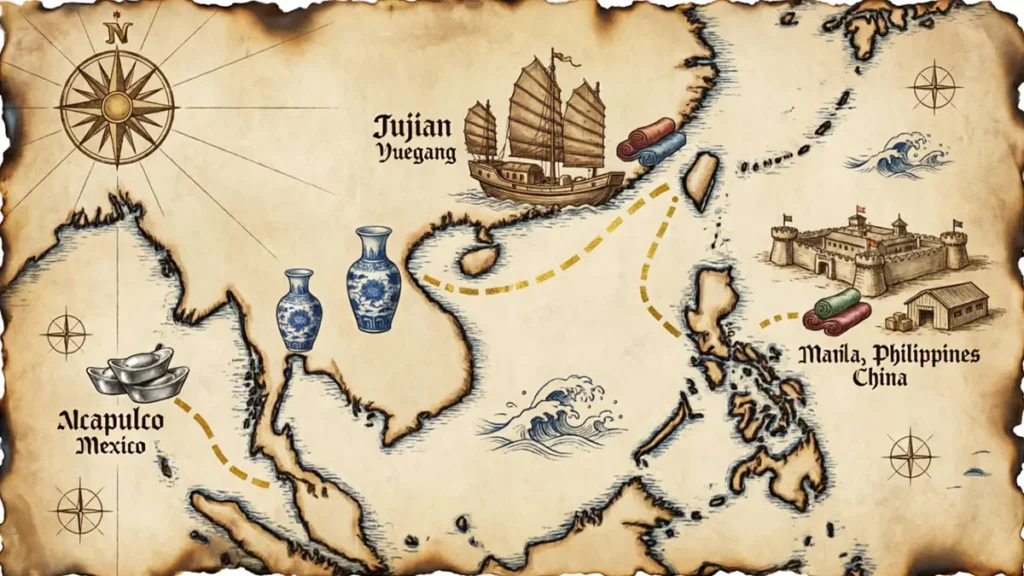 Vintage-style map illustrating the Manila Galleon Trade route connecting late Ming China, the Philippines, and New Spain (Mexico), featuring icons of porcelain, silk, and silver.