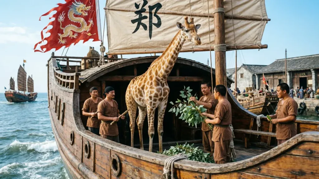 A specialized Ming Dynasty treasure ship docked in Quanzhou, featuring a reinforced deck enclosure transporting a giraffe with crew members feeding it acacia leaves.