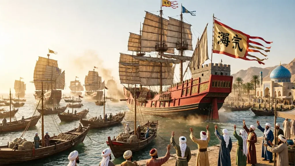 A cinematic reconstruction of Admiral Zheng He's massive treasure fleet arriving at the Kingdom of Ormus (Hormuz) in 1413, greeted by local Persian merchants.