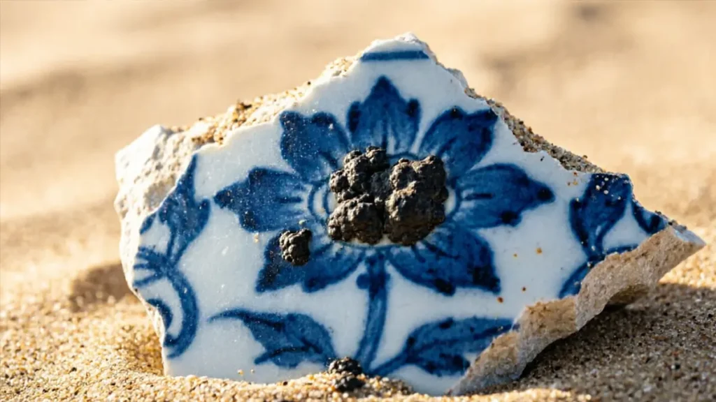 A close-up of an early Ming blue-and-white porcelain shard excavated in Iran, showing the characteristic "Sumali Blue" pigment with black iron spots.