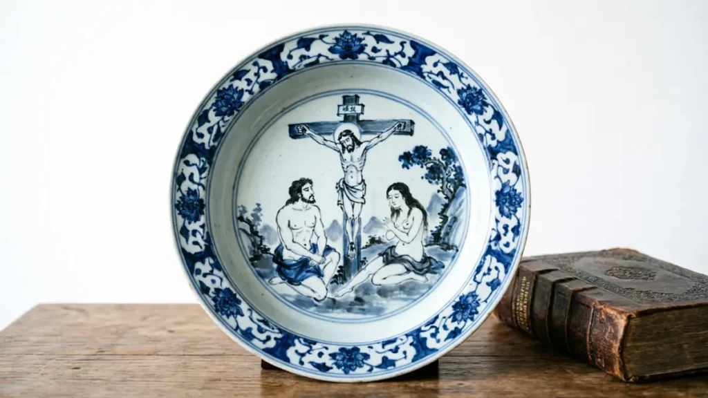 A late Ming blue-and-white porcelain plate featuring a unique fusion of Christian biblical scenes painted in traditional Chinese brushwork styles.